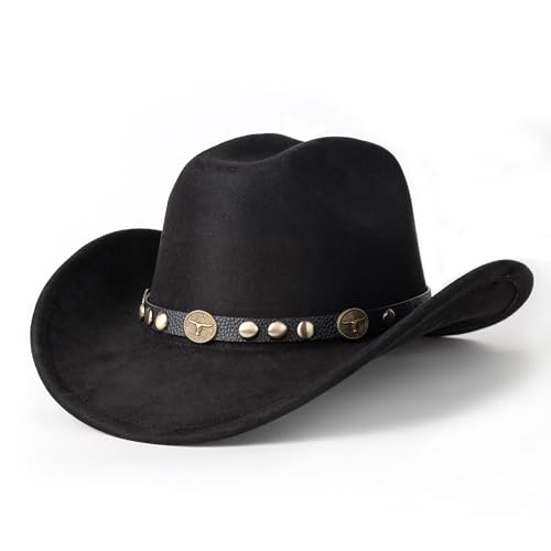 Western Cowboy Hat for Men Wide Brim Suede Cattleman Cowgril Hats - color: Black Belt /Black