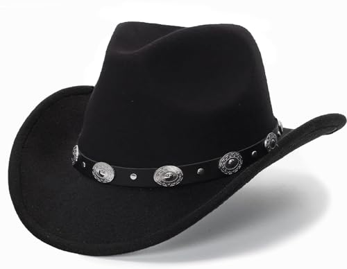 Western Cowboy Hat for Men Women Classic Fedora Cowgirl Hats Buckle Belt - color: Black-yb