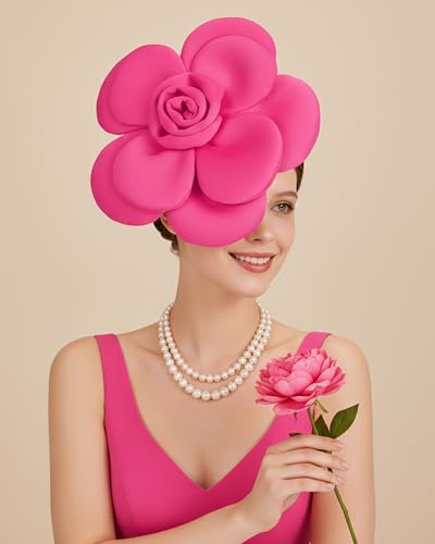 Zinniday Rose Flower Fascinators Hats - 2026 Elegant Extra Large Fascinator Hat Rose Cocktail Headpiece for Women Church - style: Pink Large Flower
