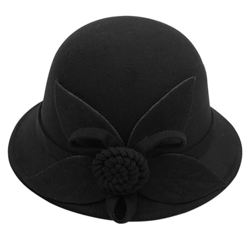 Woolen Cloche Hat for Women, Flower Winter Warm Bucket Cap - color: Black
