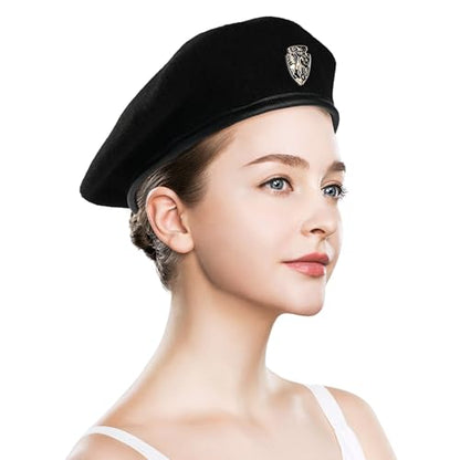 Wool Military Beret Hat Man Women,Adjustable Headband - color: Black