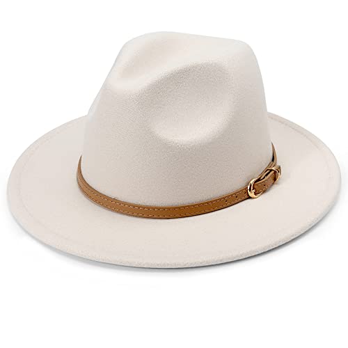 DRESHOW Women Classic Felt Fedora Wide Brim Floppy with Belt Buckle Panama Hat - color: 1 Pack: Creamy (Khaki Belt Buckle) a