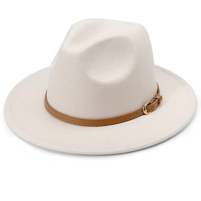 DRESHOW Women Classic Felt Fedora Wide Brim Floppy with Belt Buckle Panama Hat - color: 1 Pack: Creamy (Khaki Belt Buckle) a