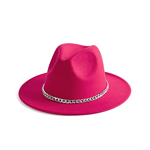 Women Men Wide Brim Fedoran Hat with Chain Belt Buckle - color: Rose Red