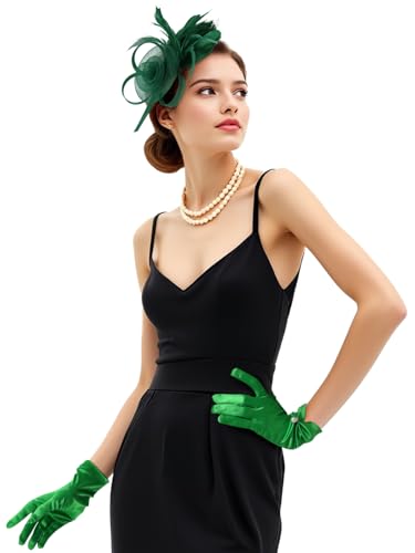 2Pcs 50s Fascinators Hats for Women Wedding Cocktail Flower Mesh Ribbons Feathers Church Tea Party Hats and Lace Glove - color: Green