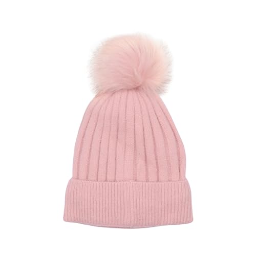 Women Girls Winter Sequin Beanie Hat with Faux Fur Pom Pom Knit Skull Cap - color: Glitter-pink