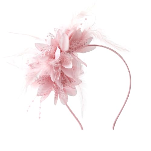Womens Fascinators Hats Tea Party Feather Pearl Headband for Women, Wedding Cocktail Dresses Accessories - color: Nude Pink