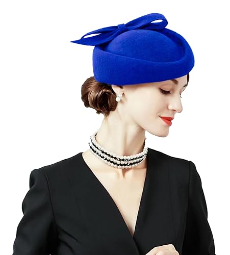 ORIDOOR British Style Pillbox Hat Women Church Wedding Winter Vintage Fascinator Beret 100% Wool Felt Hat with Veil - color: 03b-royal Blue