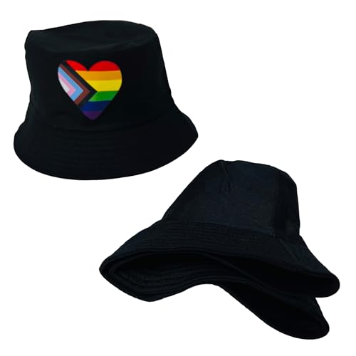 Pride Unisex Bucket Hat Reversible Double-Side-Wear Packable for Travel, Outdoors, and Beach - color: Black Progress Pride Heart