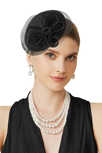 BABEYOND Fascinators Hats for Women Tulle Pillbox Knot Bead Tea Party Hat - color: Black