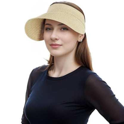 Straw Sun Visors Womens, Ponytail Beach Straw Visor, Packable Summer Sun Hats for Women Travel - color: Beige