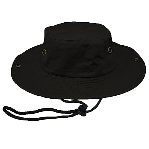 Glory Max Washed Cotton Bucket Hat with Chin Strap Fishing Sun Safari Boonie Cap - color: Black, size: Small-Medium
