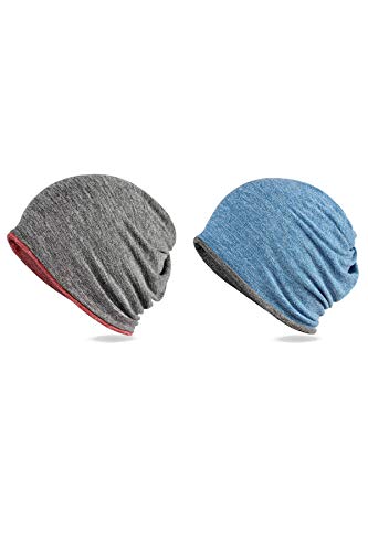Jeelow Cotton Slouchy Open Top Beanie Hat 2 Pack - color: 2 Tone Red+blue
