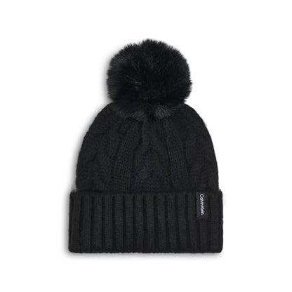 Calvin Klein Women's Cable Knit Beanie with Faux Fur Pom - color: Black