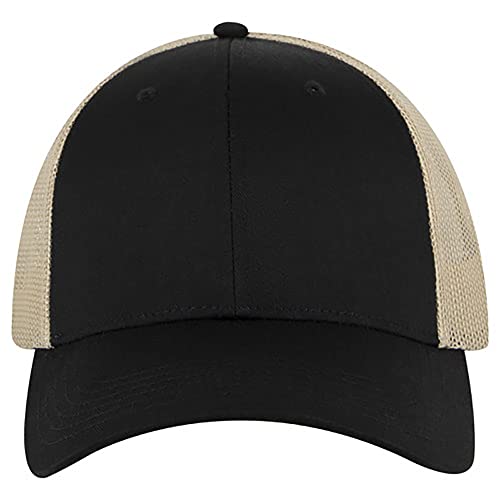 Ashen Fane 6 Panel Blend Twill Structured Low Profile Mesh Back Snapback Trucker Hat - color: Blk/Blk/Kha