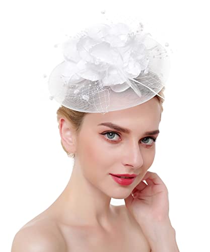JWICOS Fascinators Hat for Women 50s Flower Hat with Veil Cocktail Wedding Tea Party Church Derby Hat - color: White