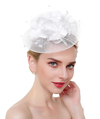 JWICOS Fascinators Hat for Women 50s Flower Hat with Veil Cocktail Wedding Tea Party Church Derby Hat - color: White