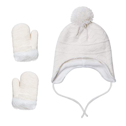 jerague Hats and Gloves Set for Kids Toddler Baby Girls Boys Warm Earflap Beanie Fleece Hats Mittens - color: White, size: 1-3T