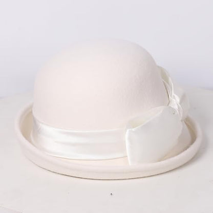 Women Solid Color 100% Wool Winter Hat Women Cloche Bucket Bowler with Bowknot - color: White 1
