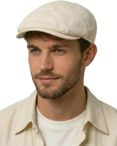 ZLYC Men Cotton Flat Cap Summer Scally Newsboy Beret Driver Hat - color: Plain Beige