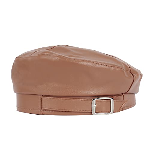 Women Buckle Spring Fall Winter Faux Leather Beret Classic British Style Hat - color: Yellow