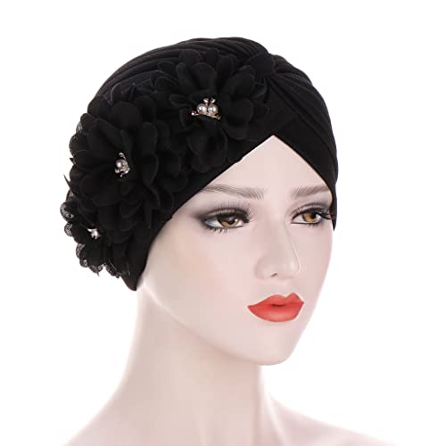 Flower Pre-Tied Turban Beanie, Soft Chemo Cap for Women Cancer Hair Loss - color: Black