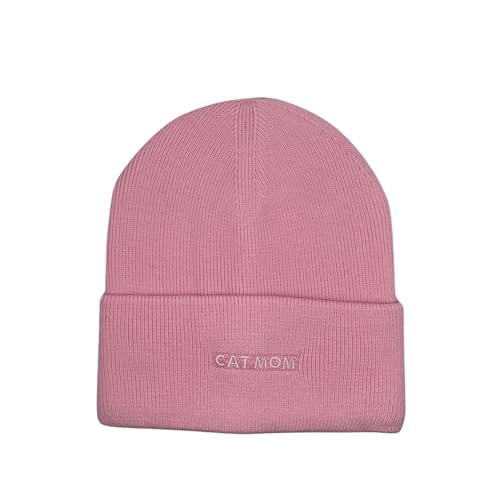 Cat Mom Cat Dad Beanie Collection – Jacquard Pom Pom Hats & Double-Layer Embroidered Beanies for Pet Lovers - color: Cat Mom Embroidery Pink Hat