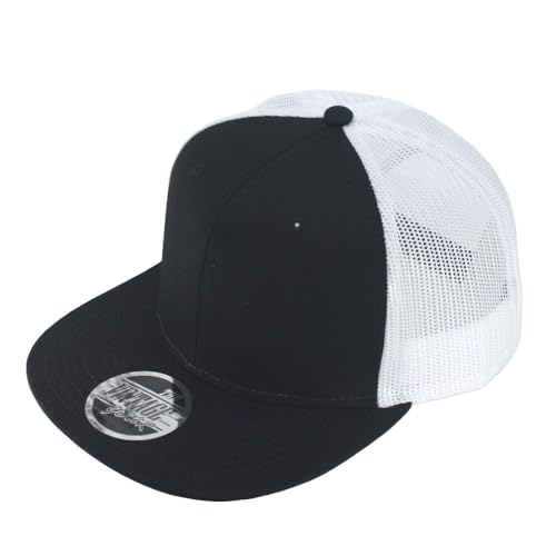 Plain Cotton Twill Flat Brim Mesh Adjustable Snapback Trucker Baseball Cap - color: Black/Black/White