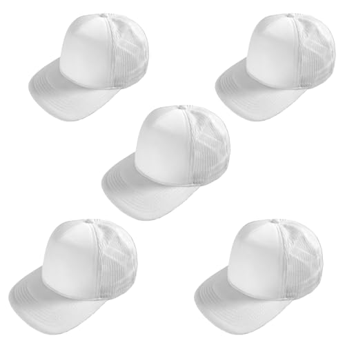 Trucker Hat for Men & Women, Mesh Back Baseball Cap, Adjustable Snapback, Breathable Lightweight Black Cap - color: White (Pack of 5)