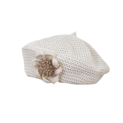 Women Summer French Beret Lady Slouchy Crochet Beret Hats 3D Flower Artist Painters Woven Beach Beanie Cap - color: Beige