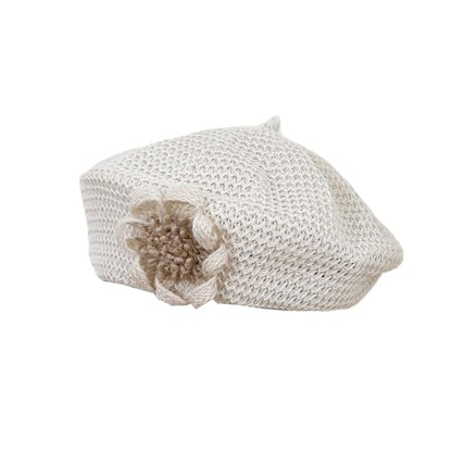 Women Summer French Beret Lady Slouchy Crochet Beret Hats 3D Flower Artist Painters Woven Beach Beanie Cap - color: Beige