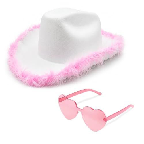 4E's Novelty Cowboy Hat with feathers With Heart Shaped Sunglasses for Women, Felt Cowgirl Hat for Party Costume Dress Up - color: White & Pink