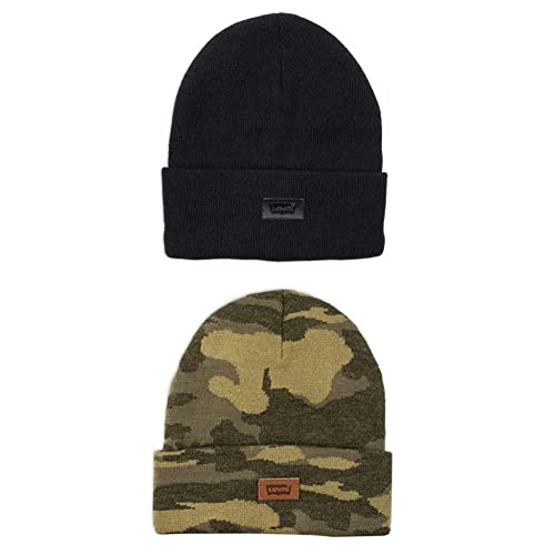 Levi's Mens All-Season Hero Beanie Soft Knit Cuffed Winter Hat, Warm & Comfortable Everyday Style - color: Black Solid & Camo Green