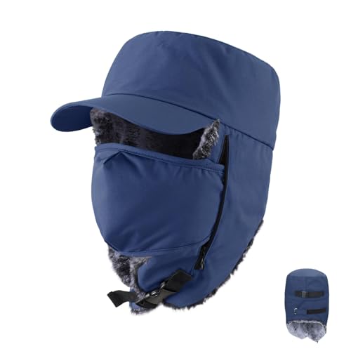 Trapper Hat Warm Faux Fur Winter Cap with Ear Flaps Windproof Waterproof Snow Ski Hats for Men Women Cold Weather - color: Navy Blue