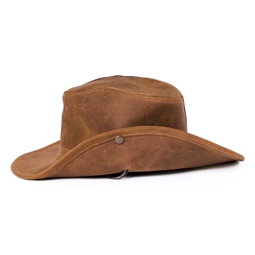 Minnetonka Unisex Aussie Leather Hat with Adjustable Chin Strap - color: Brown, size: Medium