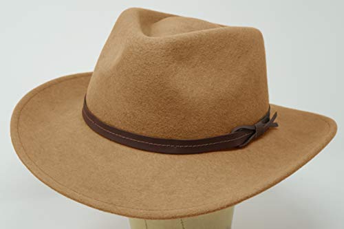 Borges & Scott Hardy - Lightweight Wide Brim Fedora - Leather Band - 100% Wool Felt - Crushable for Travel - Water Resistant - color: Caramel, size: Small