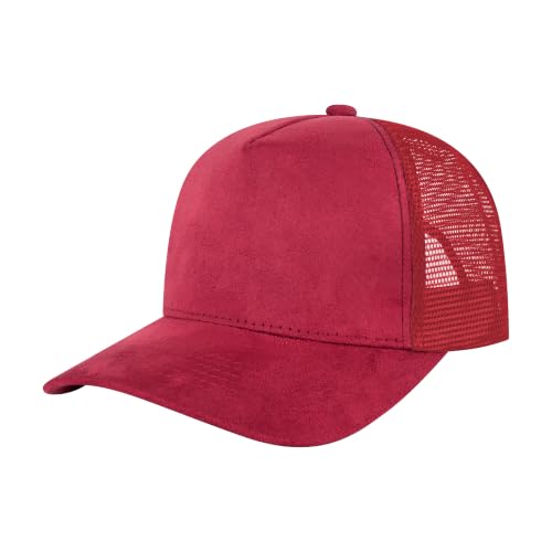 TOPTIE 5 Panel Suede Front Mesh Back Baseball Hat Adjustable Snapback Cap - color: Solid Red