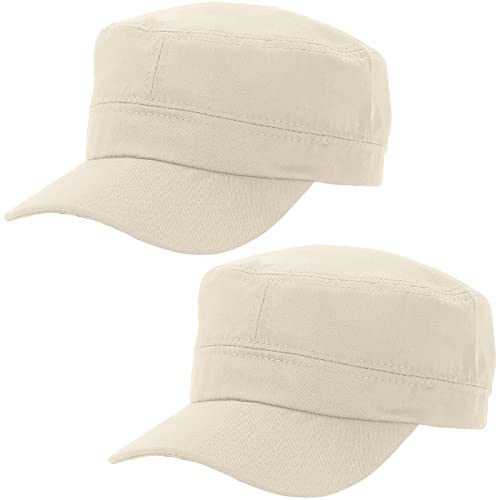 2 Pack Cadet Army Caps Flat Top Military Hats for Men Women - color: Beige