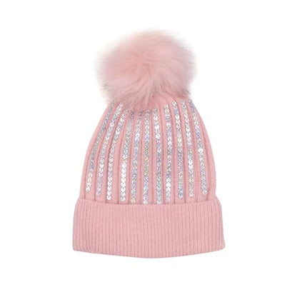Women Girls Winter Sequin Beanie Hat with Faux Fur Pom Pom Knit Skull Cap - color: Glitter-pink