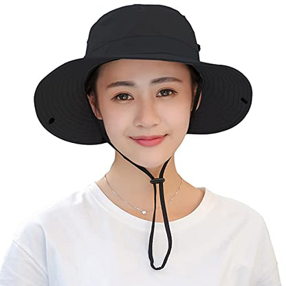 Muryobao Women's Ponytail Sun Hat UV Protection Foldable Mesh Wide Brim Beach Fishing Hat - color: Pure Black