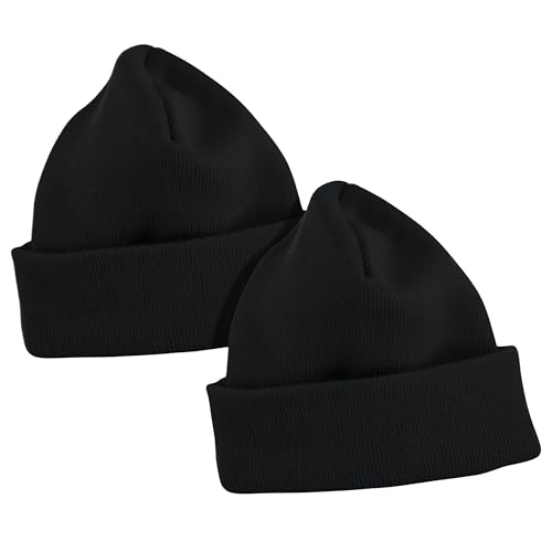 Thick Winter Beanie for Men Women Stretchy Thermal Knit Premium Cuffed Hat Skull Cap Toboggan - color: Black (2-pack)