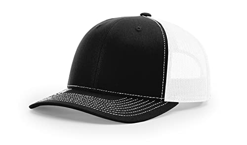 Richardson 112 Trucker Hat - Premium Blank Baseball Cap, Adjustable Snapback Hat - Structured Six Panel Richardson Blank Hats - color: Black/White
