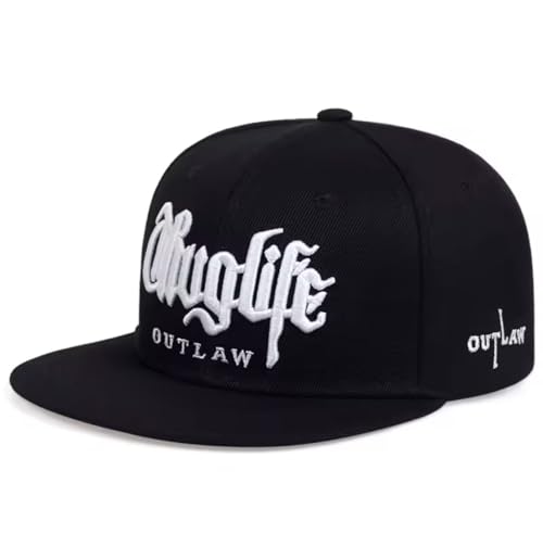 Thug Life Outlaw Snapback Hat, Embroidered 3D Logo, Flat Brim Baseball Cap, Hip Hop Street Style - color: Black and White