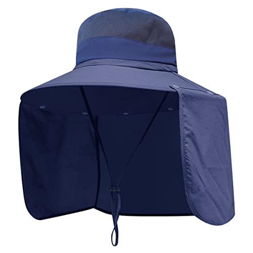 Women Wide Brim Face Mask Sun Hat Detachable Neck Face Flap Ponytail UV Protection Visor Hat Garden Fishing Hiking - color: Bg9215-navy