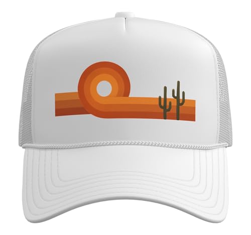 Retro Desert Sunset, Vintage Southwest Cactus Landscape Trucker Hat with Adjustable Mesh Back - color: White