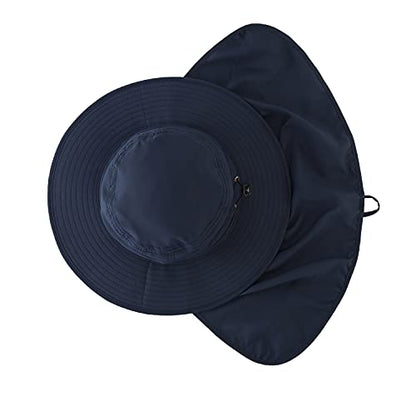 Home Prefer UPF50 Mens Sun Hat with Neck Flap Quick Dry UV Protection Cap Womens Wide Brim Fishing Hat Neck Flap Beach Garden - color: Navy Blue