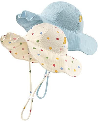 HONGTEYA Baby Sun Hat Muslin Wide Brim Toddler Girl Beach Bucket Hat - color: Light Blue/Colored Dots, size: 0-6 Months