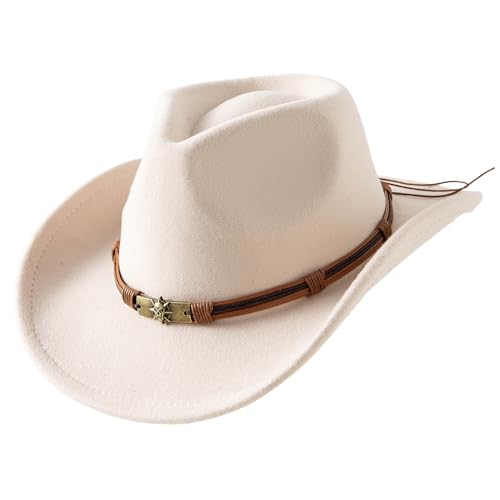 JOYEBUY Cowboy Hats for Kids Vintage Wide Brim Felt Cowboy Hat Girls Cowgirl Hat with Belt Buckle - color: Beige, size: 3-6 Years