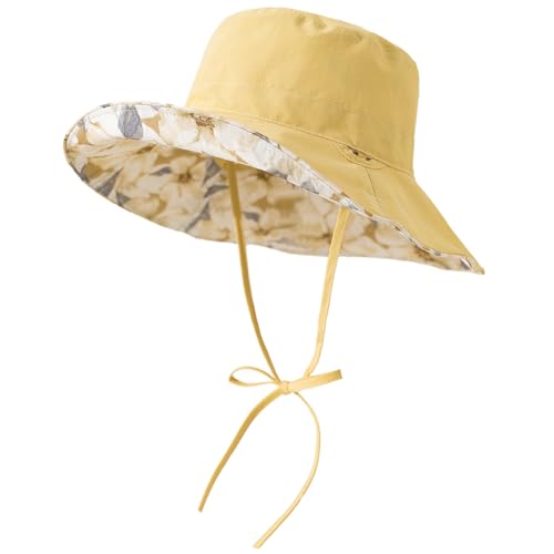 Reversible Floral Pattern Bucket Sun Hats for Women- UPF50+ UV Protection, Foldable Brim, Floppy Beach Hat for Hiking - color: Light Yellow