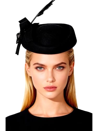 HIMESPORT Wool Felt Fascinators Hats Women Ladies Wedding Cocktail Tea Party Church Derby Cap Pillbox Hat with Feather - color: Black